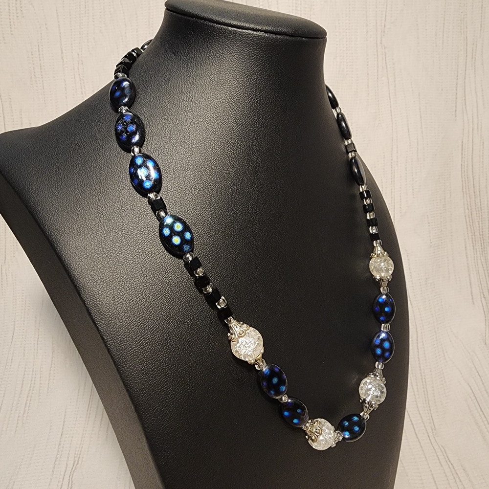 Vintage Blue Black Glass Bead Necklace Polka Dot Art Glass Statement